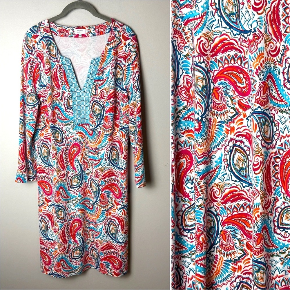 Crown & Ivy Shift Dress Size XL 3/4 Sleeves Colorful Paisley Stretch Casual
